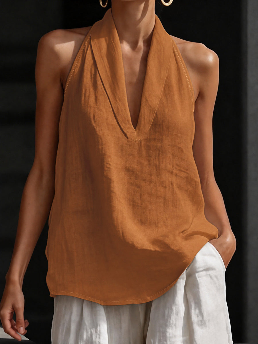Women' French-Style Off-Shoulder Halter Neck T-Shirt - Solid Color Sleeveless Top, Machine Washable Suitable for Casual, Commuting, Banquets & Dates, Elegant Versatile for Year-Round Wear - Orange&Brown