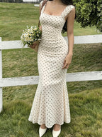Elegant Women's Polka-dot Printed Maxi Dress with a Square Neckline, Body-hugging Mermaid Hem, and Thigh-high Slit Design - Apricot