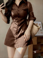 Waist- And Single-Breasted Solid Color Shirt Dress, Suitable for Dating And Commuting - Coffee Brown