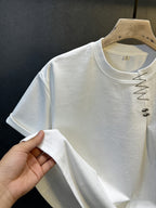 New Summer High-End Heavyweight Short-Sleeve T-Shirt for Men, Premium Embroidered Minimalist Style Crew Neck Top for Outer Wear - White