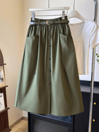Easy High-Waist Half Skirt Women'S New Elastic Waist Button Decor A-Line Mid-Length Coverage Large Pocket Design Commute Casual Skirt with Belt - Military green1