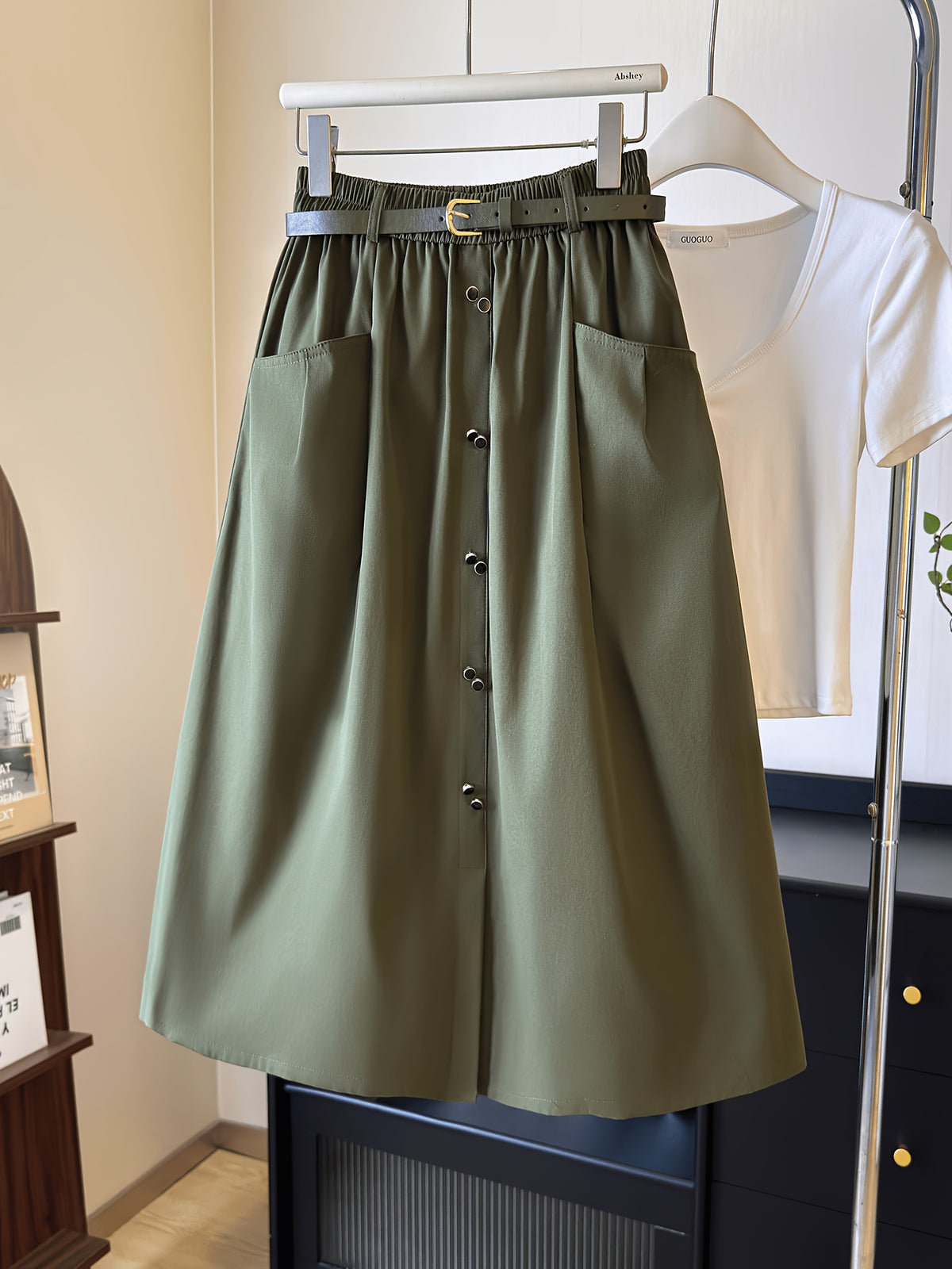 Easy High-Waist Half Skirt Women'S New Elastic Waist Button Decor A-Line Mid-Length Coverage Large Pocket Design Commute Casual Skirt with Belt - Military green1