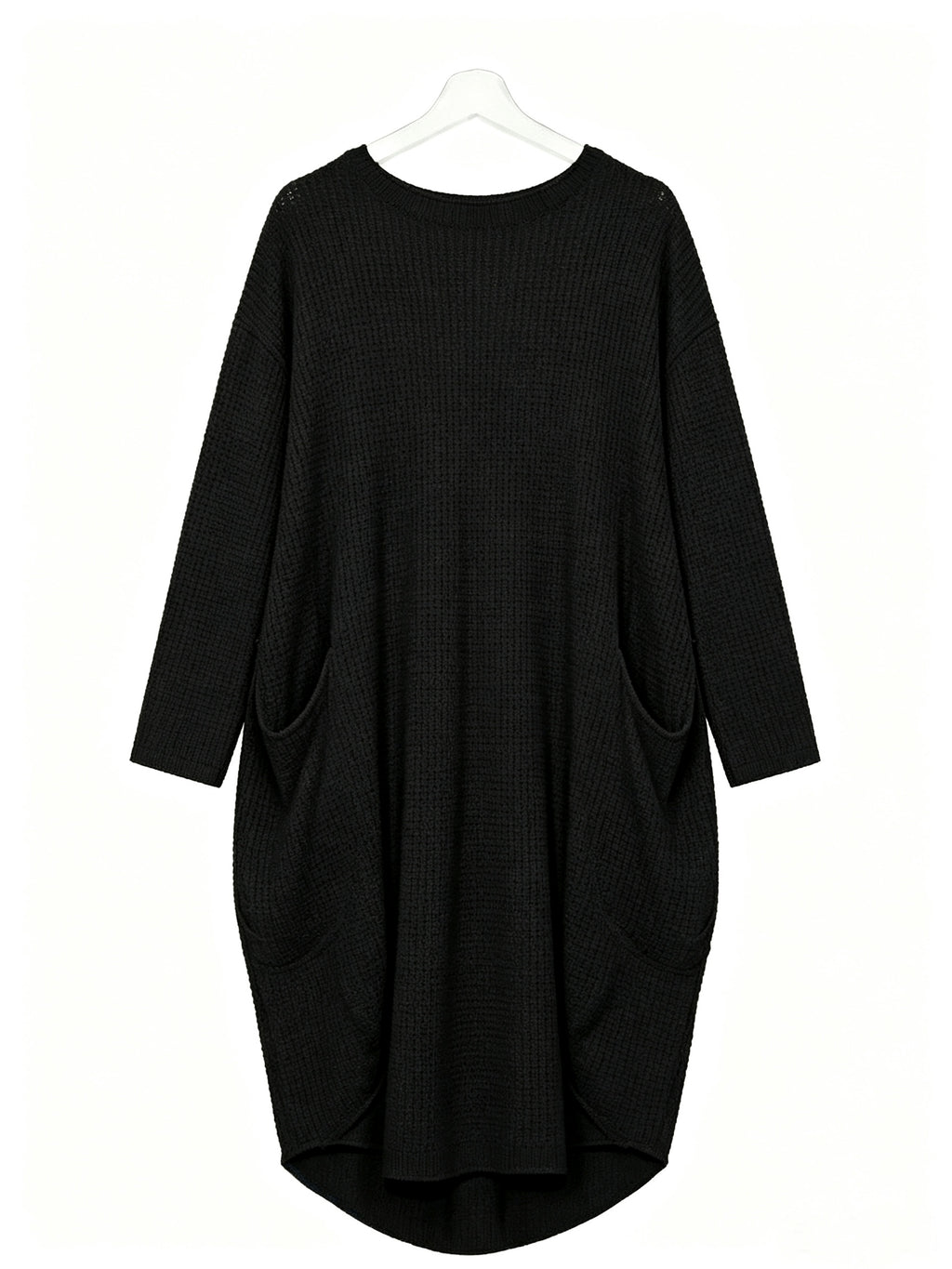 Plus Size - Beautiful Women'S Plus Size Round Neck Loose Long Sleeve Solid Waffle Dress with Pockets - Black