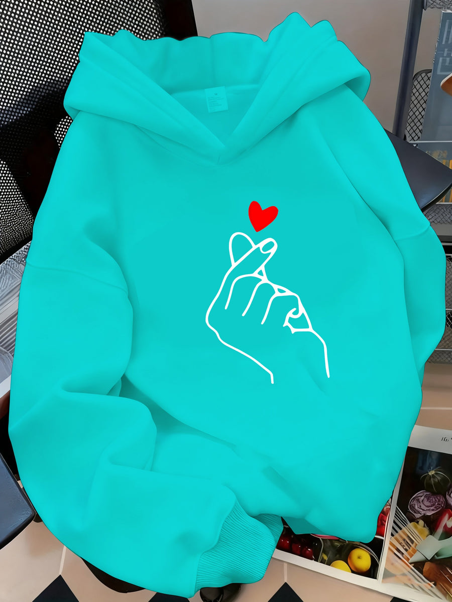 A Stylish And Minimalist Hoodie with a Heart Gesture Print, Perfect for Casual Wear, Campus Life, And Couples. This Versatile Long-Sleeve Sweatshirt Is Comfortable for Autumn And Winter - Cyan