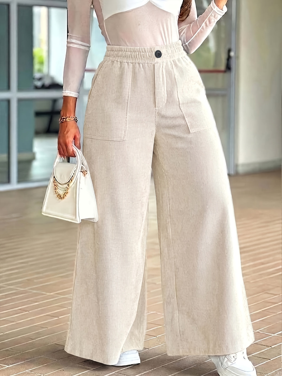 Women's Corduroy Fashion Casual Wide-Leg Pants with Multi Patch Pockets Design, Elegant Loose Straight-Leg Trousers with Nice Drape, High-Waisted Draping Wide-Leg Casual Pants - Ivory White