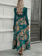 Elegant Casual Leisure Western Printed Puff Sleeve Long Sleeve Spring Autumn Dress - Green