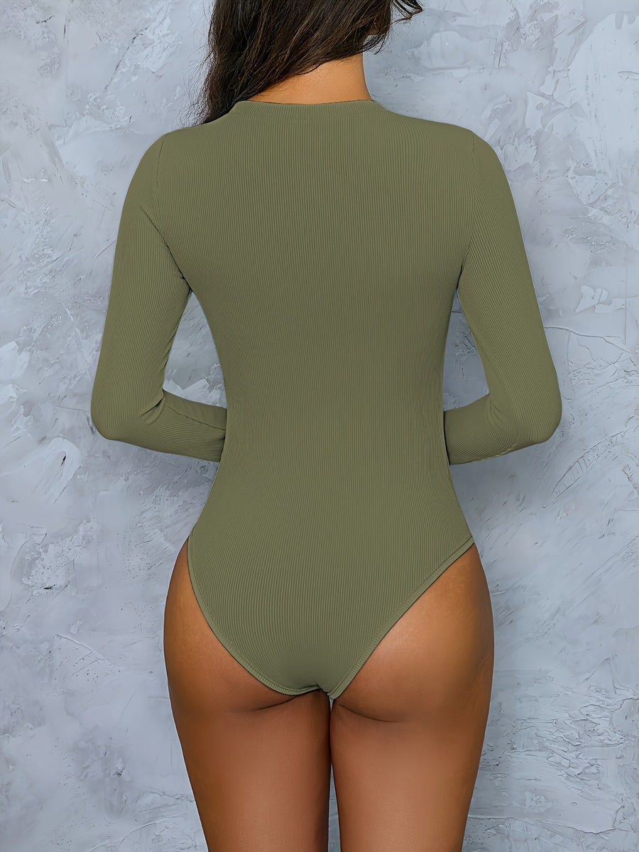 Basic Ribbed Bodysuit with Long Sleeves, Round Neck, Form-Fitting Design, Suitable for Wearing As a Versatile Layering Top - Olive Green