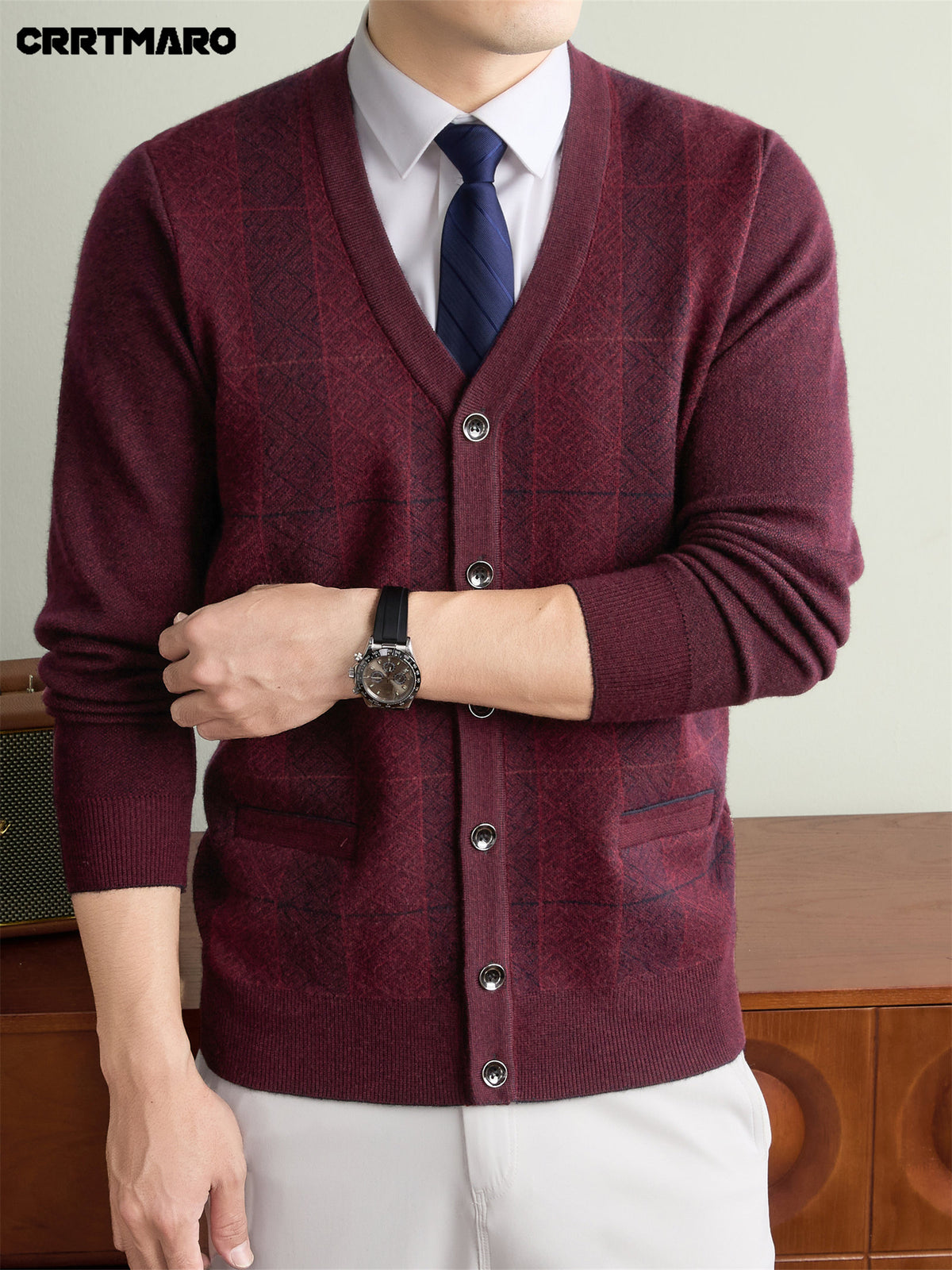 Men'S Thick V-Neck Knit Cardigan, Warm Casual Layering Top for Fall And Winter - Burgundy