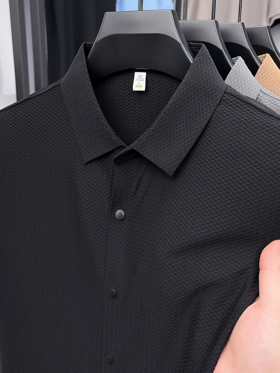 New Summer 2026 Men's Waffle Short-Sleeve Shirt, Lightweight and Breathable Business Casual T-Shirt, Multiple Colors Available, Refreshing and Versatile Commuter Top 100 - Black