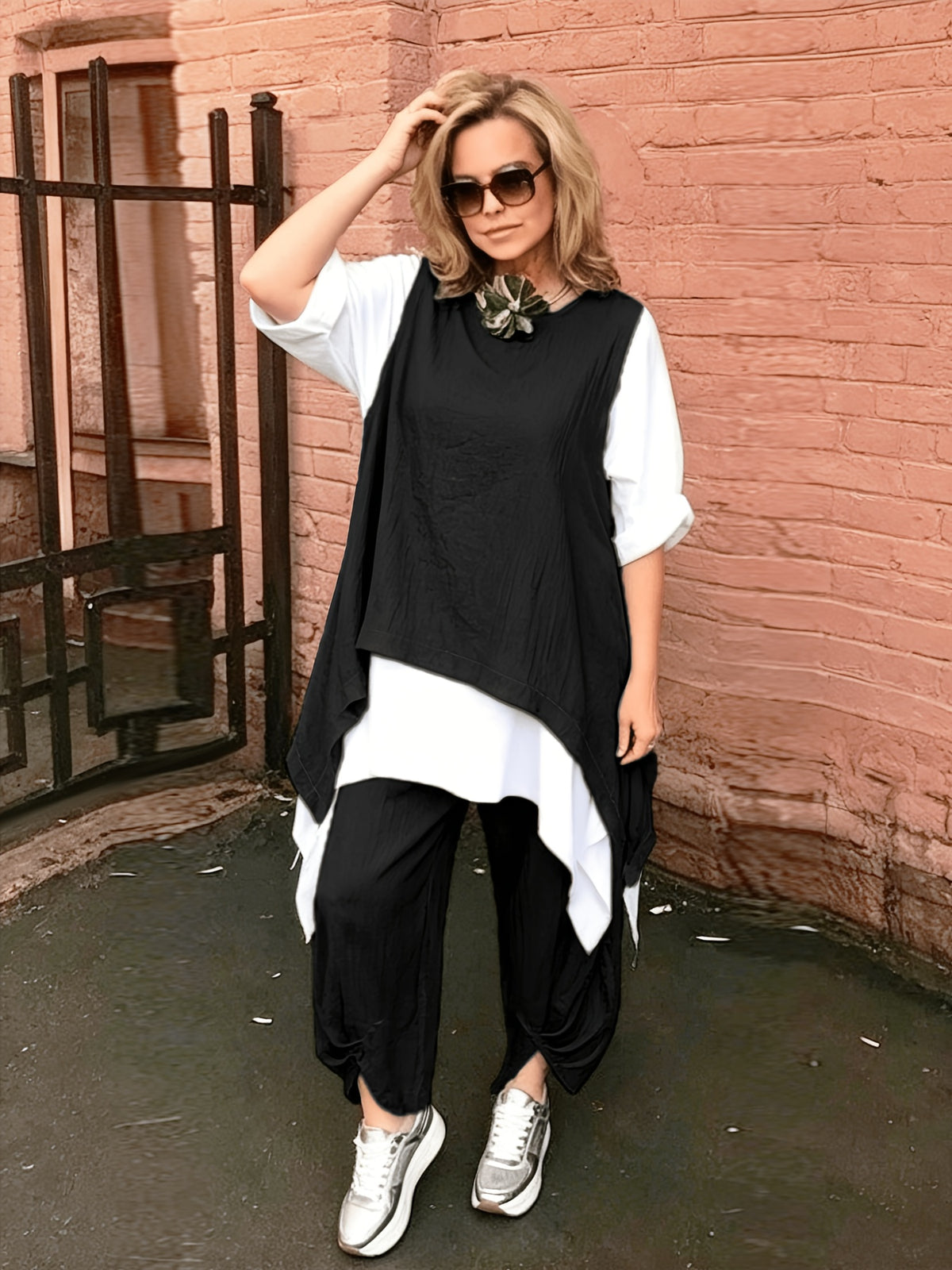 Plus Size, Plus Size Ethnic 2pcs Outfit, Color Block Spliced Mid-length Top + Pleated Cuff Harem Pants, Breathable Imitation Casual Set - Black