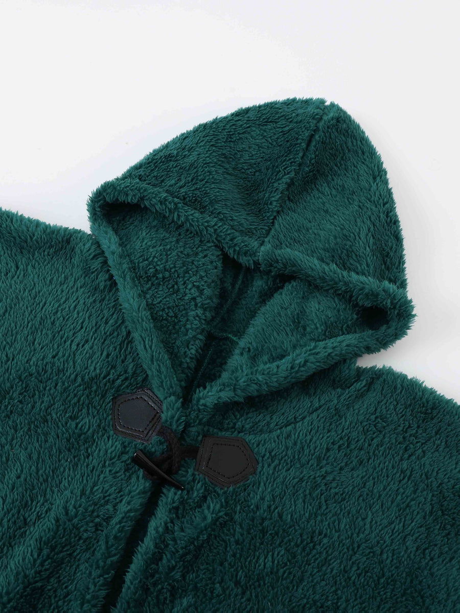 Plus Size - 1pc Faux Horn Button Size Free Solid Color Fashion Hooded Cape - Dark Green