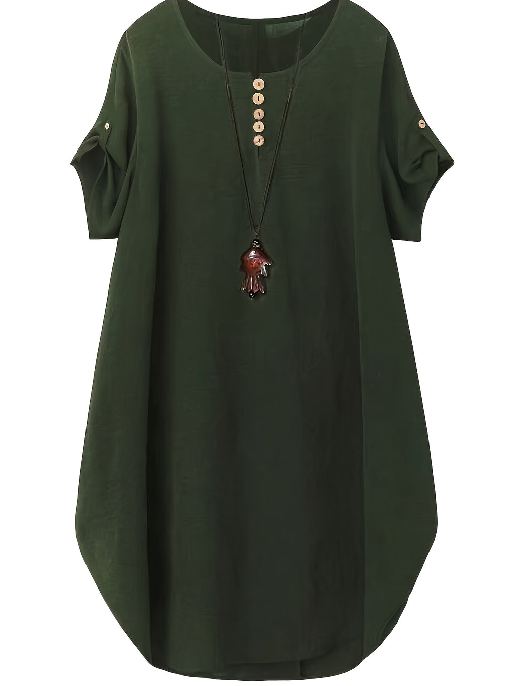 Plus Size, New Plus Size Women's 2pcs Set: Solid Color Dress with Short Sleeves and Women's Top - Green+Navy Blue