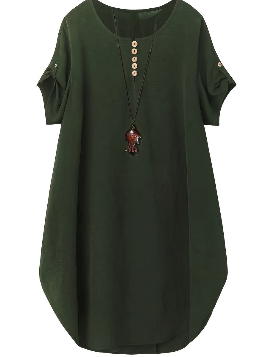 Plus Size, New Plus Size Women's 2pcs Set: Solid Color Dress with Short Sleeves and Women's Top - Green+Navy Blue