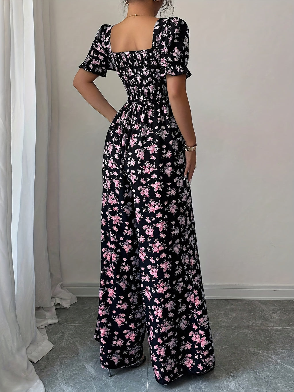 Women'S Elegant Vacation Style Waist-Cinching Printed Jumpsuit, Summer Jumpsuit, Wide-Leg Printed Jumpsuit, Long Length Printed Jumpsuit - Pink Color