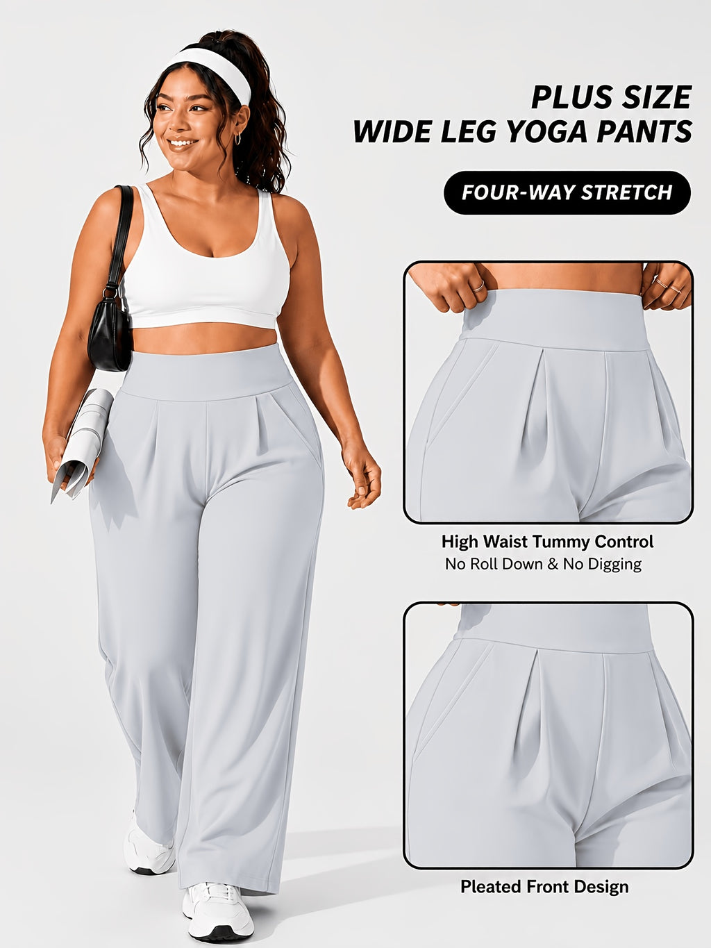 Plus Size Women'S High-Waist Wide-Leg for yoga Pants 0XL-4XL Tummy Control Non-Roll Non-Digging Front Pleated Deep Side Pockets Double-Sided Super Soft 4-Way Stretch Casual Sports Trousers for Yoga Gym Outdoor Work All Seasons - 【Light Grey】