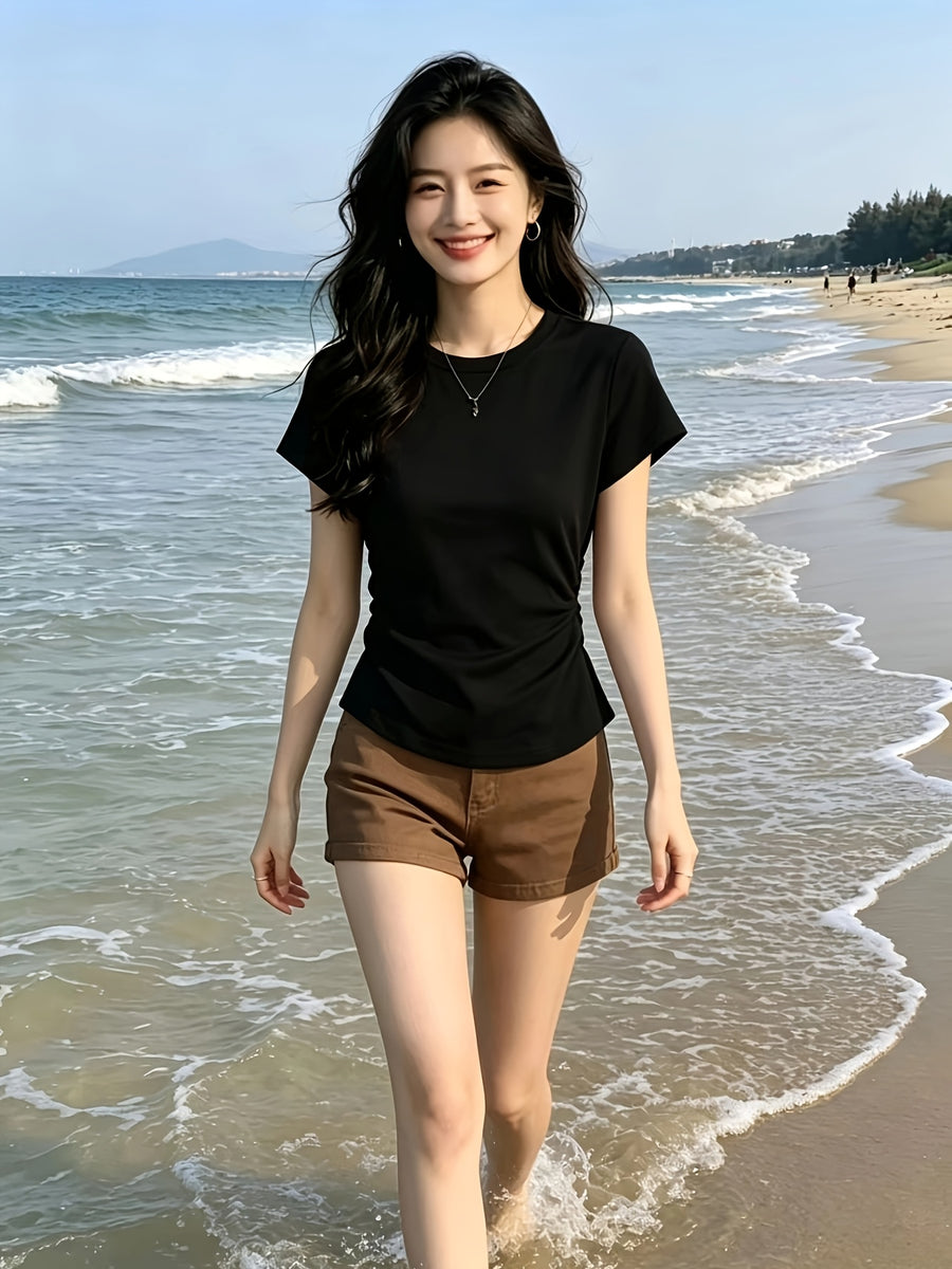 Solid Color Slim Fit Round Neck Short-Sleeved T-Shirt Women'S Summer New Pure Desire Style Outfit Basic Versatile Easy Top - Black