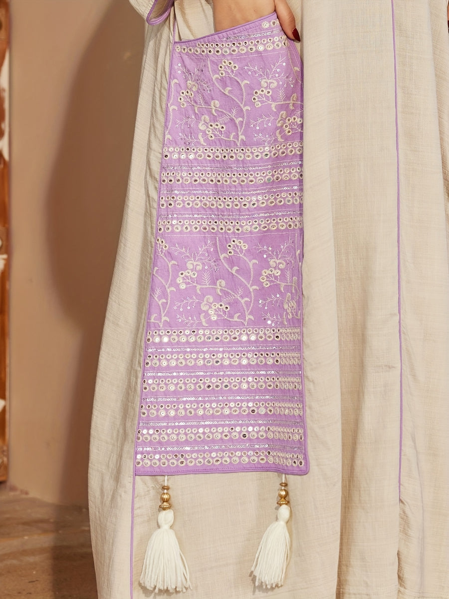 Targeted Heavy Industry Golden Sequined Embroidered Arabic Women'S Dress, Elegant Violet Summer Autumn Style Women'S Holiday Party Attire, Jalabiya with Tassels And V-Neck Creative Pockets And Patchwork Apricot-Colored Robe Fashionable Elegant Digni - Violet