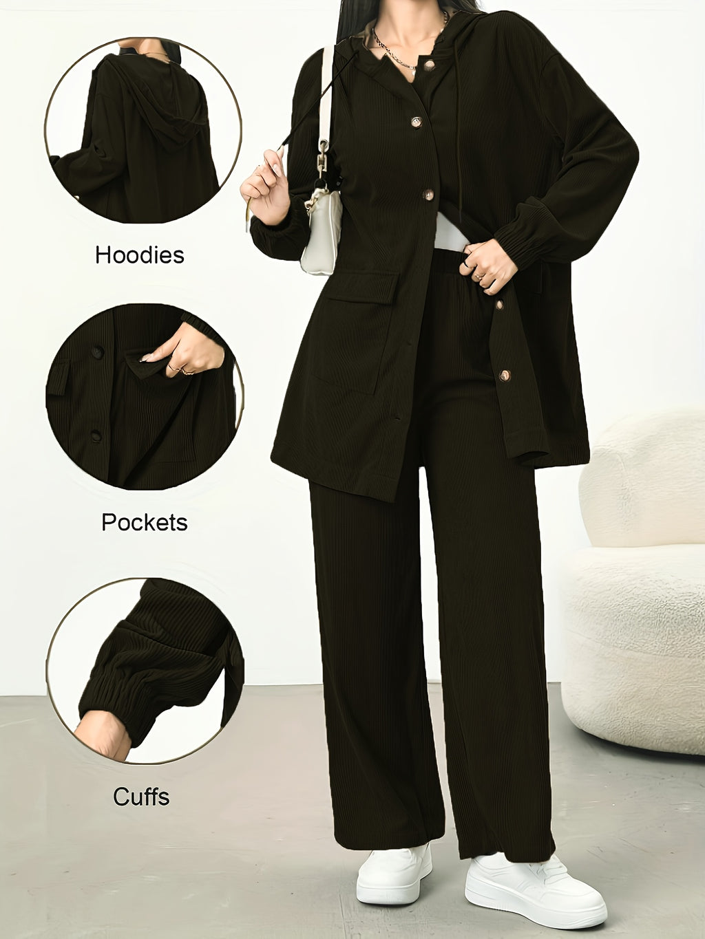 New Women'S Casual Corduroy Hooded Set, Fall Winter Outfit, Jacket with Pockets And Cuffed Sleeves, Wide-Leg Pants for Leg Lengthening, Comfortable And Fashionable, Casual Set - Black