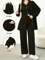 New Women'S Casual Corduroy Hooded Set, Fall Winter Outfit, Jacket with Pockets And Cuffed Sleeves, Wide-Leg Pants for Leg Lengthening, Comfortable And Fashionable, Casual Set - Black