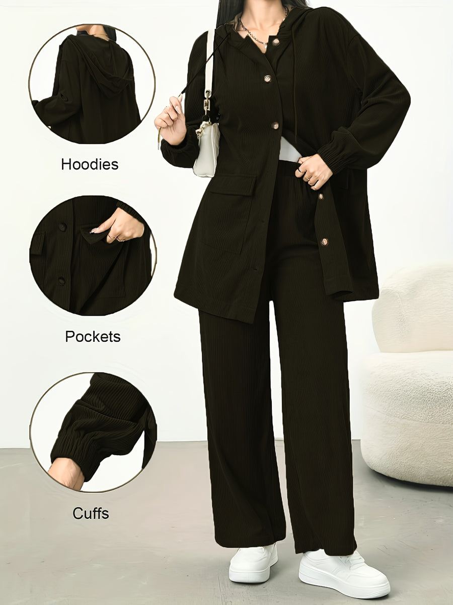 New Women'S Casual Corduroy Hooded Set, Fall Winter Outfit, Jacket with Pockets And Cuffed Sleeves, Wide-Leg Pants for Leg Lengthening, Comfortable And Fashionable, Casual Set - Black