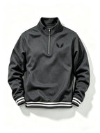 Men's Half-Zip Stand Collar Sweatshirt with Double Wing Pattern Chest Print, Striped Ribbed Cuffs, Loose Fit Athletic Casual Pullover - Dark Gray