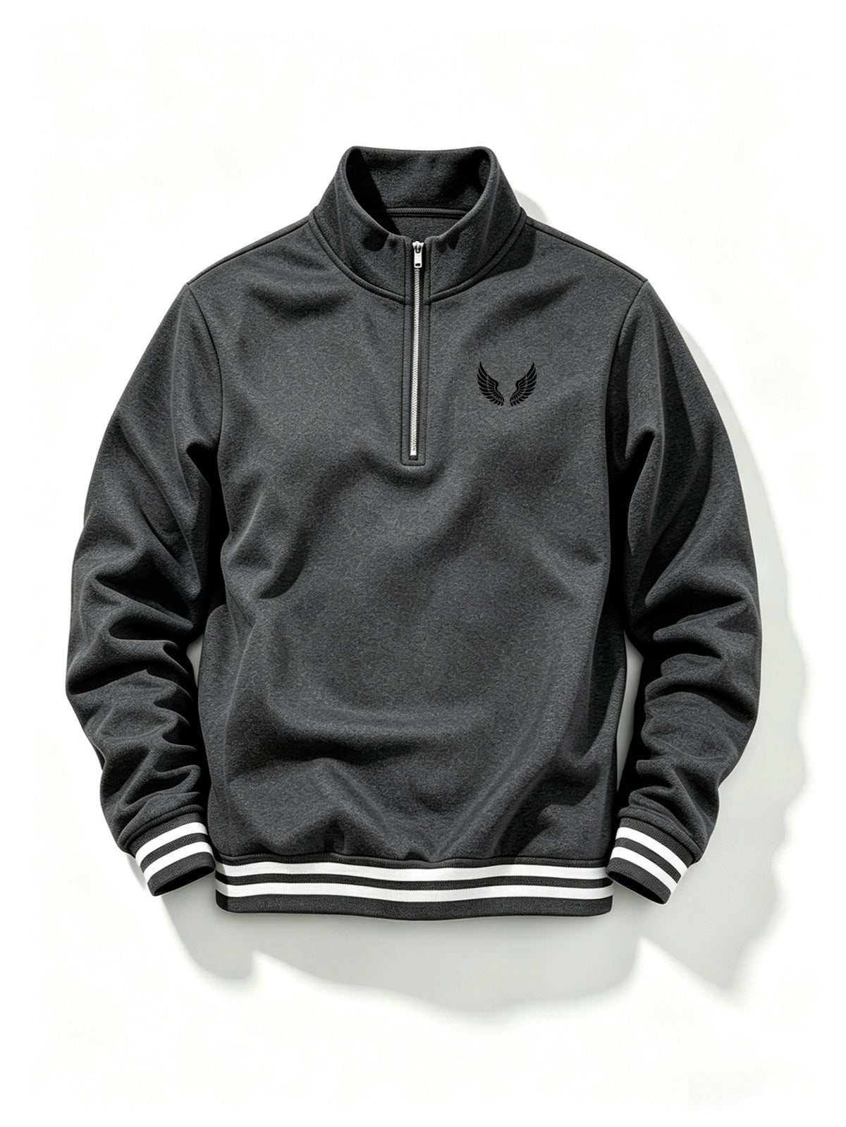 Men's Half-Zip Stand Collar Sweatshirt with Double Wing Pattern Chest Print, Striped Ribbed Cuffs, Loose Fit Athletic Casual Pullover - Dark Gray