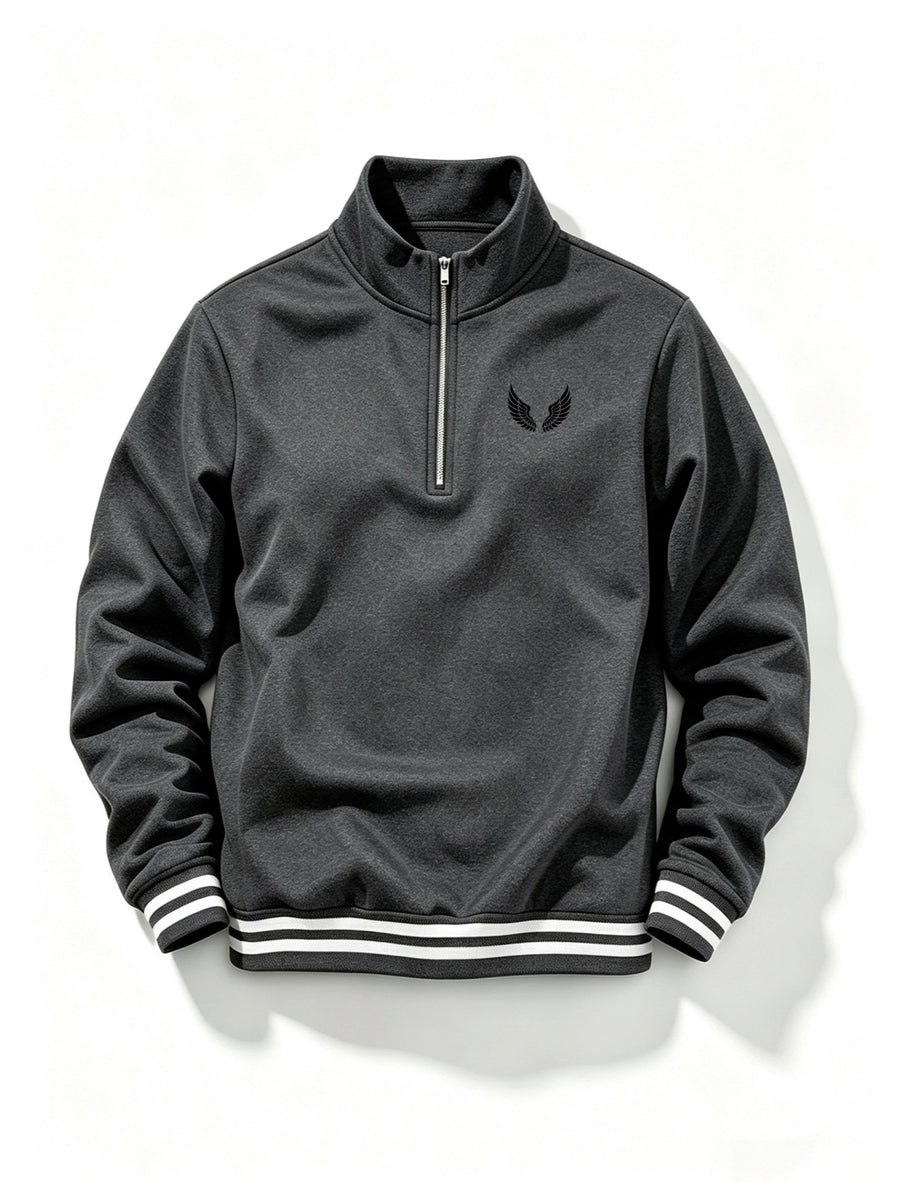 Men's Half-Zip Stand Collar Sweatshirt with Double Wing Pattern Chest Print, Striped Ribbed Cuffs, Loose Fit Athletic Casual Pullover - Dark Gray