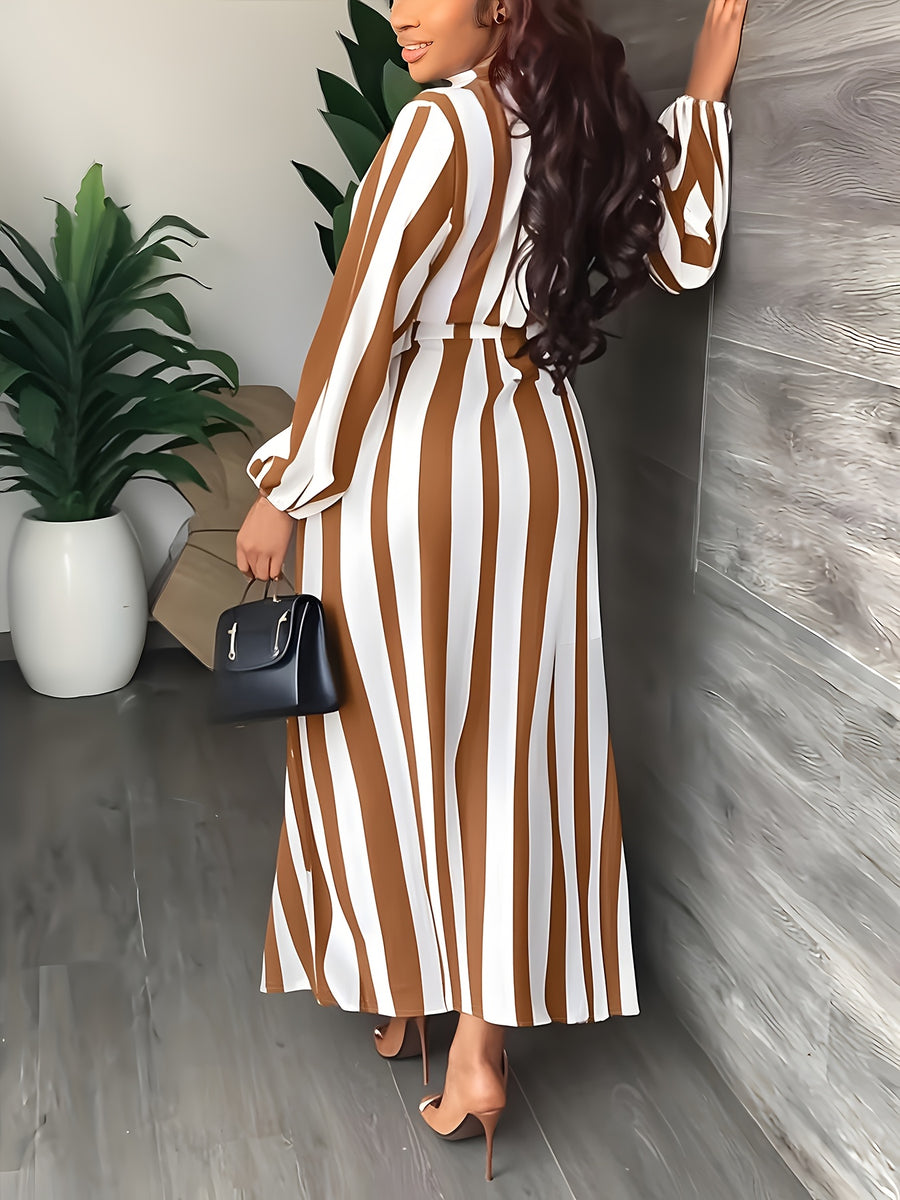 Striped Print V-Neck Dress | Long Sleeve, Belted, Casual Style, Suitable for Spring/Fall - Amber
