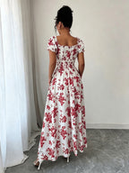 V-neck Ruffle Design, Floral Print Fabric, Elastic Waist Slim-Fit Short Sleeve Women's Dress, Elegant Party Wear, Date Night - Red Flowers