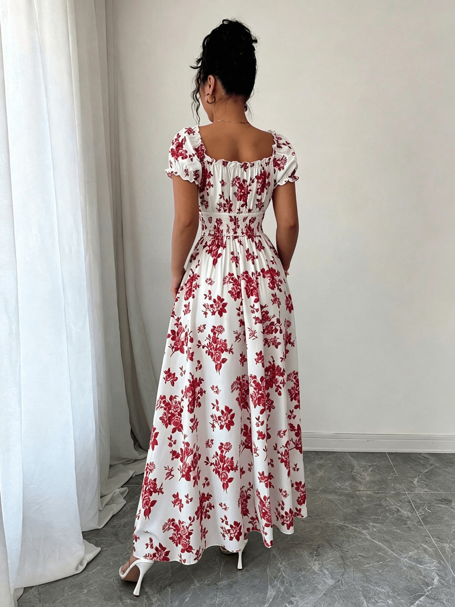 V-neck Ruffle Design, Floral Print Fabric, Elastic Waist Slim-Fit Short Sleeve Women's Dress, Elegant Party Wear, Date Night - Red Flowers