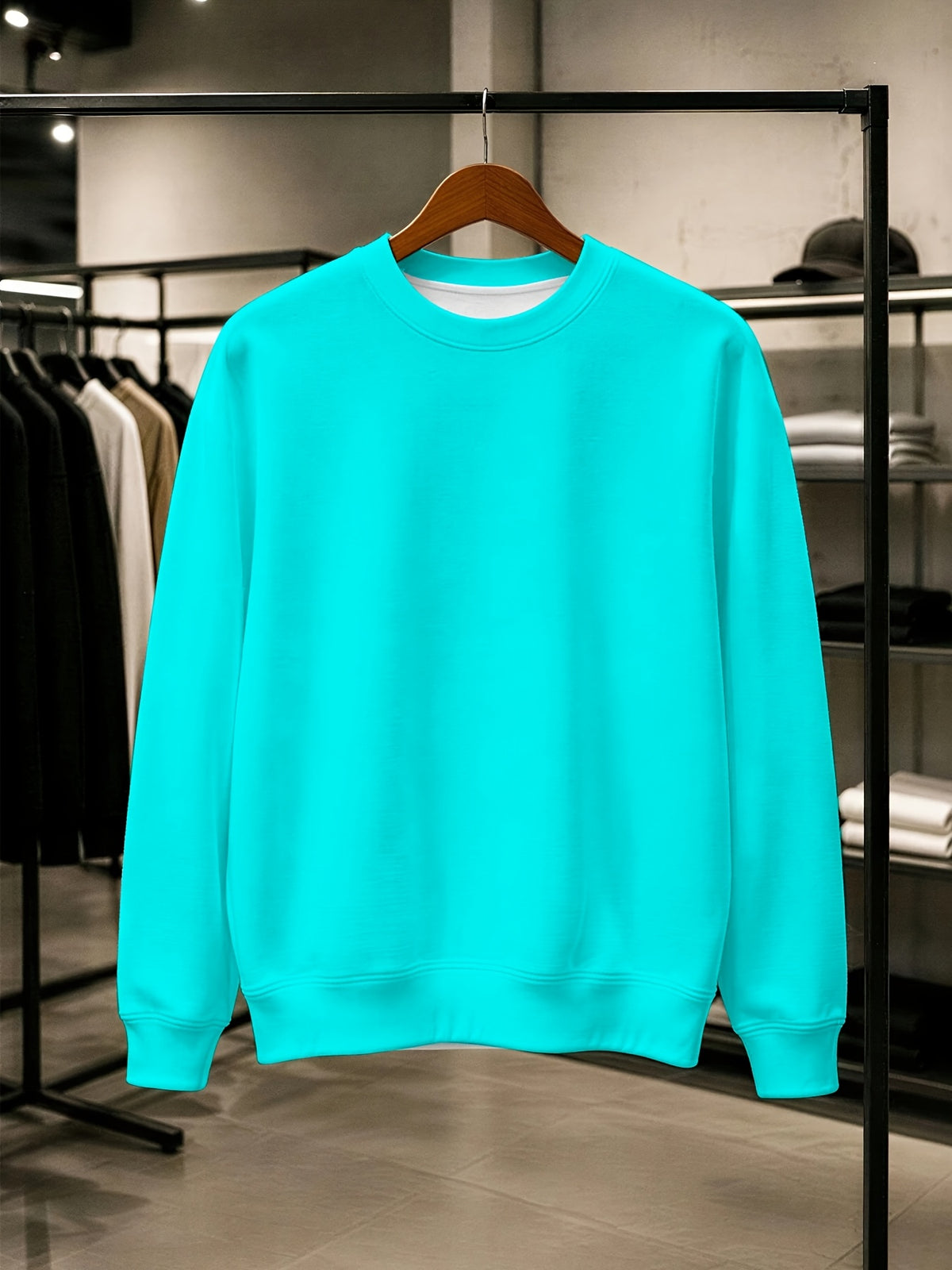 (Print Design - Not Textured) Men'S Round Neck Sweatshirt, Lake Blue Solid Color Casual Street Fashion Versatile Top, Autumn New Trendy Loose Pullover for Youth And Students, Random Print - Mixed colors