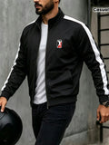 Spring/Autumn Men'S Stand-Up Collar Zip-Up Casual Jacket, Contrast Striped Sleeve Design Adds Layering, Chest Athletic Figure Print Easy And Energetic. Fabric Is Soft And Flowing, Non-Stuffy, Fit Various Body Types, Suitable for Sports, Commuting - Black