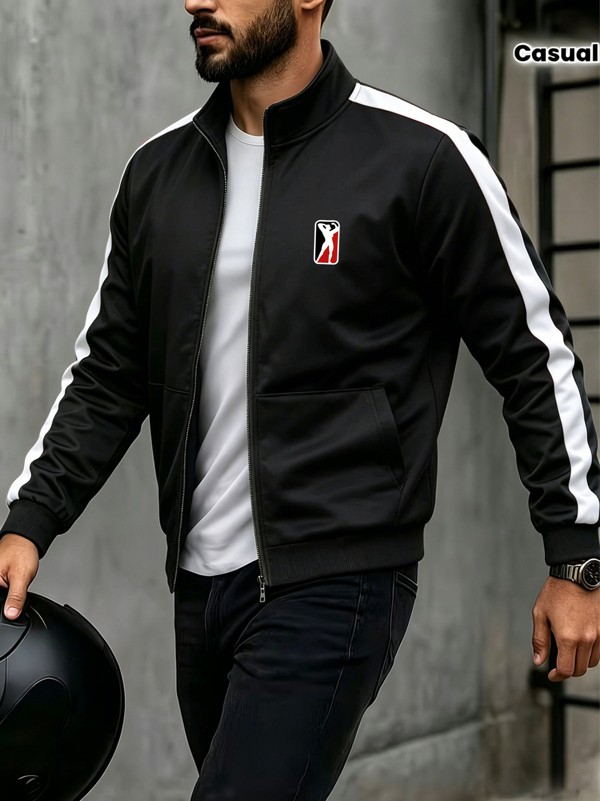 Spring/Autumn Men'S Stand-Up Collar Zip-Up Casual Jacket, Contrast Striped Sleeve Design Adds Layering, Chest Athletic Figure Print Easy And Energetic. Fabric Is Soft And Flowing, Non-Stuffy, Fit Various Body Types, Suitable for Sports, Commuting - Black