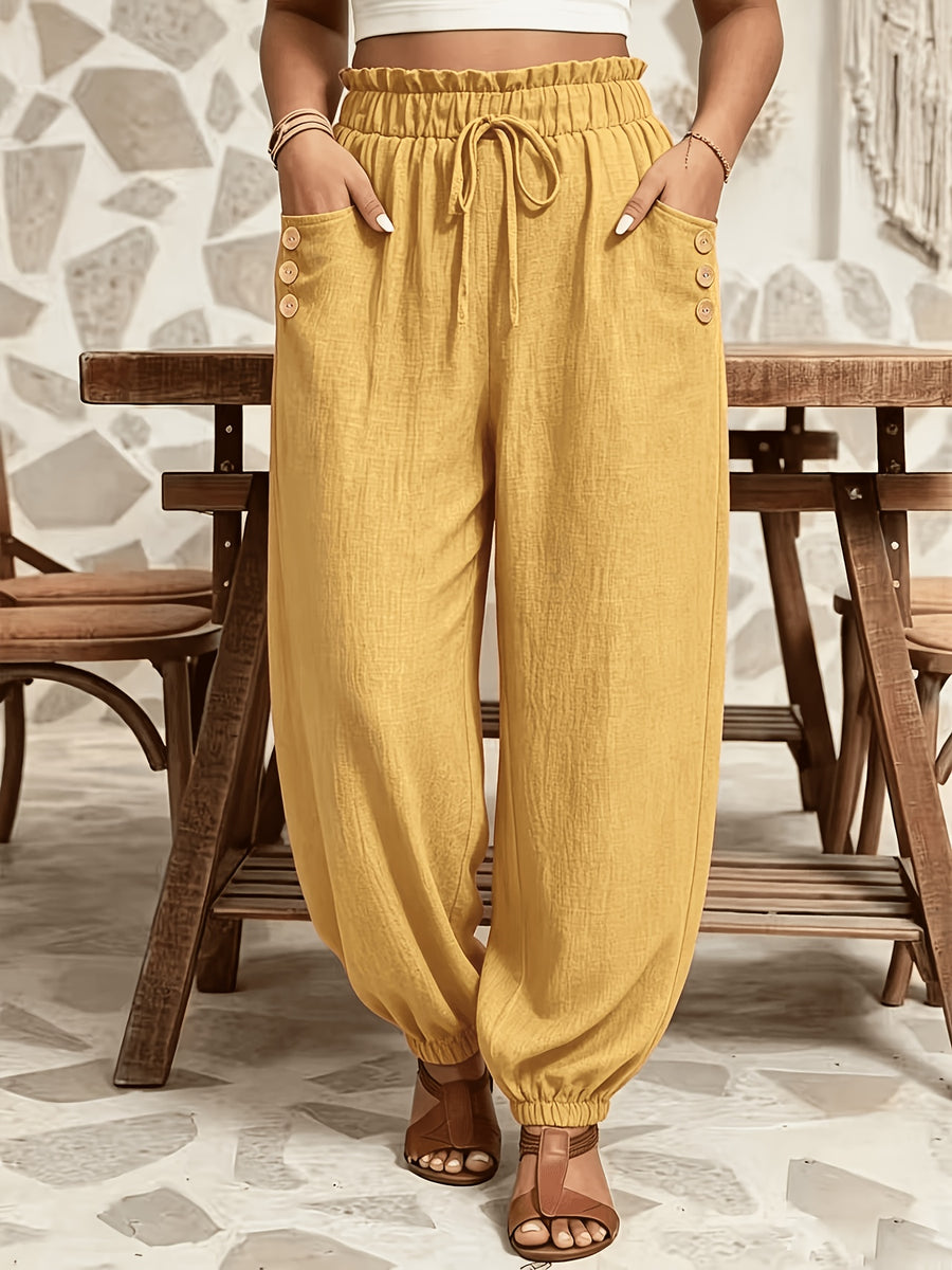 Plus Size - All Seasons Plus Size Beautiful Women'S Casual -Like Rubber High-Waist Scalloped Trim Tie-Pocket Women'S Long Pants, Casual Daily Versatile Vacation Holiday Style - ginger-colored
