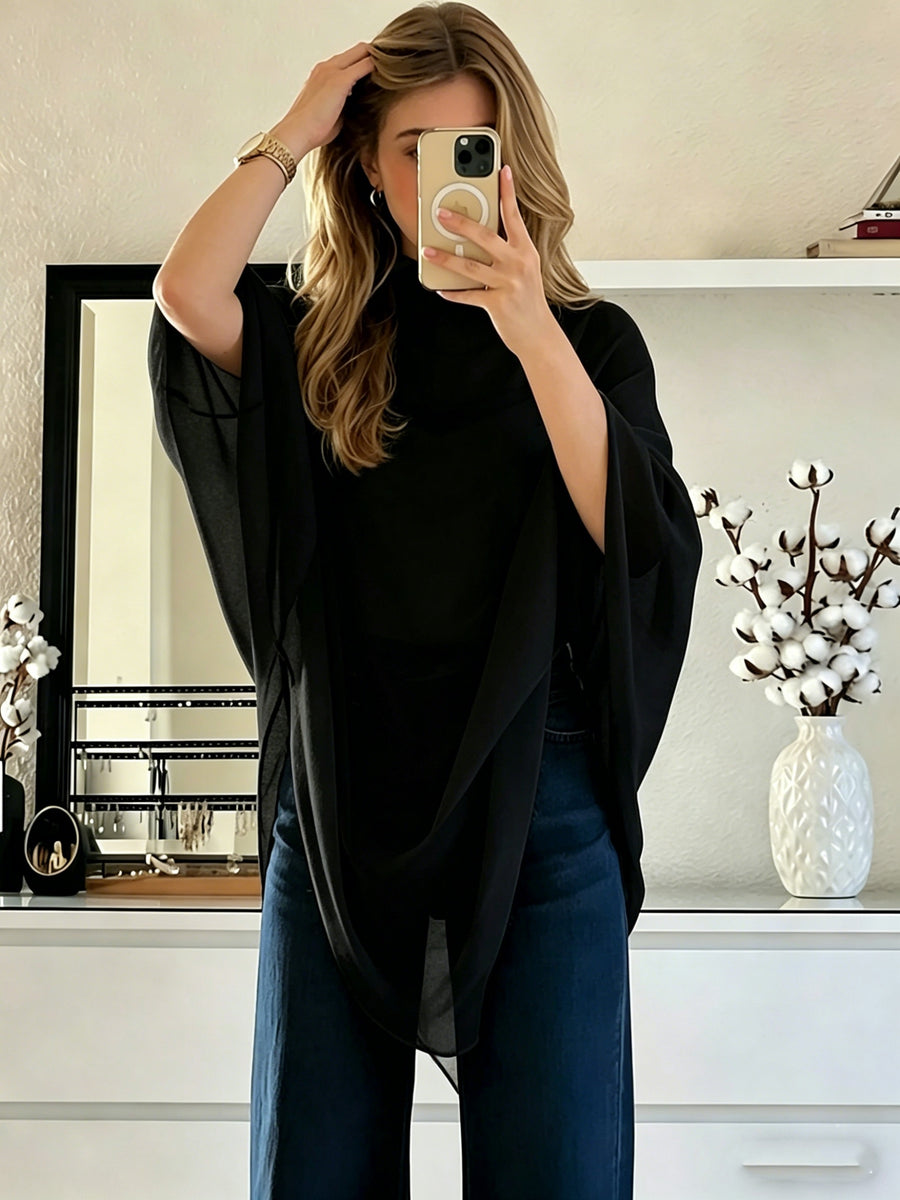 Women'S Asymmetrical Hem Chiffon Top, Casual Commute Blouse, Inner Layer Not Included - Black