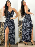 Women's Elegant Summer Fashion Floral Print Spaghetti Strap Cross-Back Side-Tie Long Dress - Black