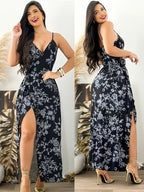 Women's Elegant Summer Fashion Floral Print Spaghetti Strap Cross-Back Side-Tie Long Dress - Black