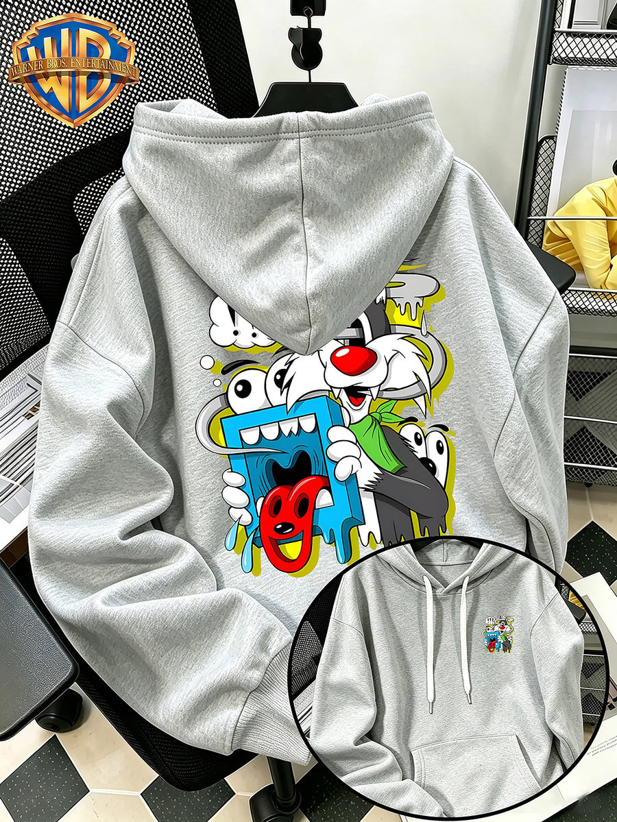 Halloween/Back to School/Date Night/Father'S Day Gift Choice - Sassy Cat Trendy Graffiti Double-Sided Print Hoodie - Men'S Essential with Pockets And Drawstring Hood, Ideal for Warmth, Perfect for Casual Wear Or Outdoor Activities - Unisex - Light Grey