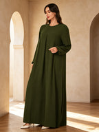 1pc Elegant Holiday Style Loose Wrinkled Versatile Solid Color Suitable for Daily Wear Comfortable Casual Loose Comfortable Women'S Abaya Dress. Abayas for Women Dubai Long Dresses for Women Abaya Damen Ladies Abaya Robe Long Sleeve Women - Olive Green