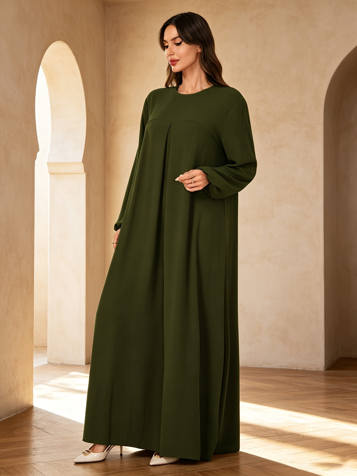 1pc Elegant Holiday Style Loose Wrinkled Versatile Solid Color Suitable for Daily Wear Comfortable Casual Loose Comfortable Women'S Abaya Dress. Abayas for Women Dubai Long Dresses for Women Abaya Damen Ladies Abaya Robe Long Sleeve Women - Olive Green
