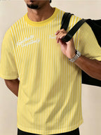 Vertical Stripe Men'S Round Neck Short Sleeve T-Shirt, Trendy Handwritten Letter Print Casual Daily Commute Top - Mixed colors