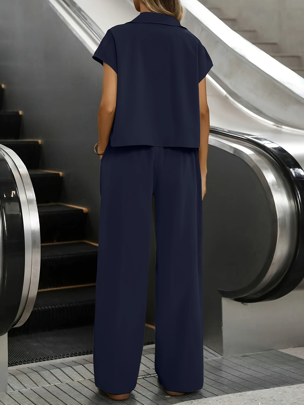 Women's Casual Solid Color Shirt and Pants 2pcs Set, Spring Summer 2pcs Set: Solid Color Button-Up Short Sleeve Top and Pocket Pants, Women's Casual Elegant Spring Summer 2pcs Outfit, Women's Outing and Date Wear, Spring Summer Women's Clothing - Deep Blue