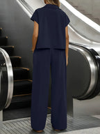 Women's Casual Solid Color Shirt and Pants 2pcs Set, Spring Summer 2pcs Set: Solid Color Button-Up Short Sleeve Top and Pocket Pants, Women's Casual Elegant Spring Summer 2pcs Outfit, Women's Outing and Date Wear, Spring Summer Women's Clothing - Deep Blue