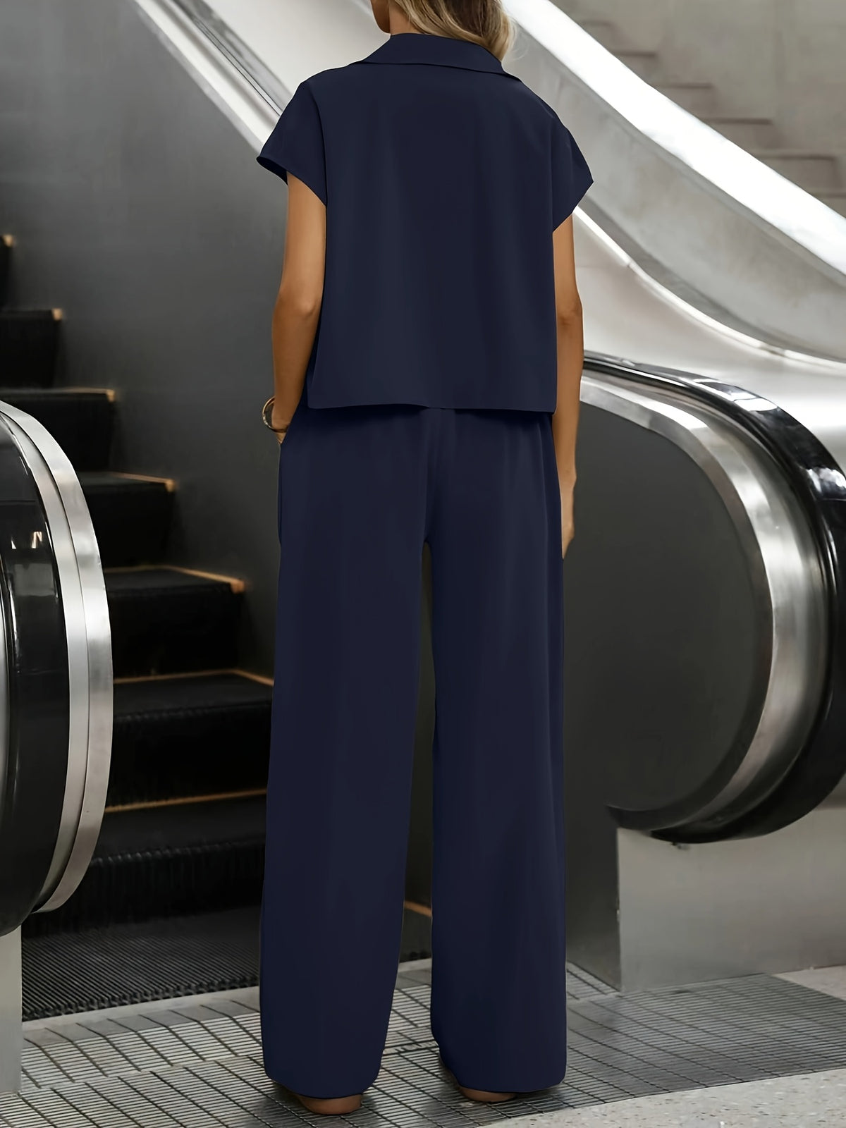 Women's Casual Solid Color Shirt and Pants 2pcs Set, Spring Summer 2pcs Set: Solid Color Button-Up Short Sleeve Top and Pocket Pants, Women's Casual Elegant Spring Summer 2pcs Outfit, Women's Outing and Date Wear, Spring Summer Women's Clothing - Deep Blue