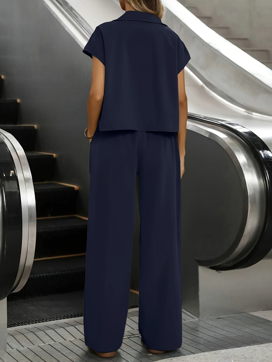 Women's Casual Solid Color Shirt and Pants 2pcs Set, Spring Summer 2pcs Set: Solid Color Button-Up Short Sleeve Top and Pocket Pants, Women's Casual Elegant Spring Summer 2pcs Outfit, Women's Outing and Date Wear, Spring Summer Women's Clothing - Deep Blue