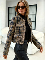 Fashionable Women's Elegant Ladies' Suit Short Blazer, Stylish Casual Slim-Fit Lapel Plaid Suit Short Blazer - Blue Plaid