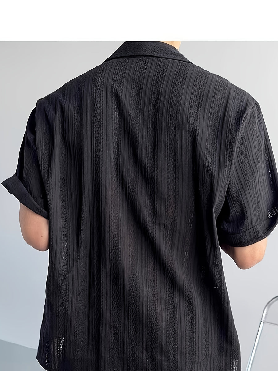 Men's Hollow Out Striped Short Sleeve Shirt, Cuban Collar, Casual Summer Beach Blouse, KhakiMen's Casual Cuban Collar Shirt, Hollow Out Stripe Texture, Short Sleeve, Loose Fit, Summer Daily TopSummer Men's Khaki Striped Shirt, Cuban Collar - Black