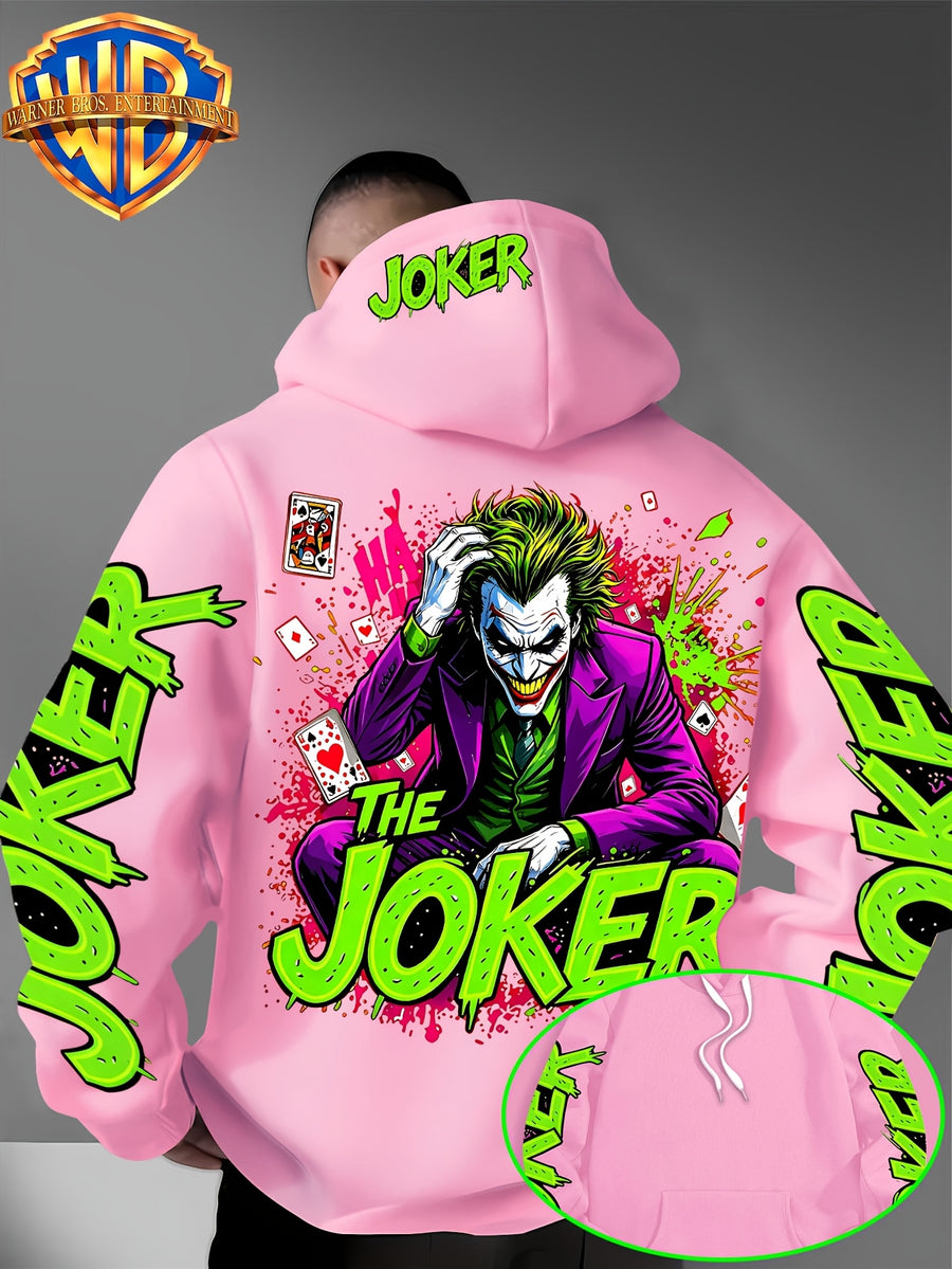 Authorized by Warner Bros., Featuring Colorful Graffiti And Ink Splattered Joker JOKER Poker Prints, Hat Design Patterns, Versatile Street Style Men'S Hooded Sweatshirt, Comfortable And Casual, Suitable for Autumn And Winter Wear - Pink Color