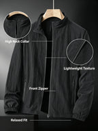 Men'S Lightweight Stand Collar Windbreaker Zip-Up Casual Jacket with Elastic Cuff, Outdoor Sports Coat - Black