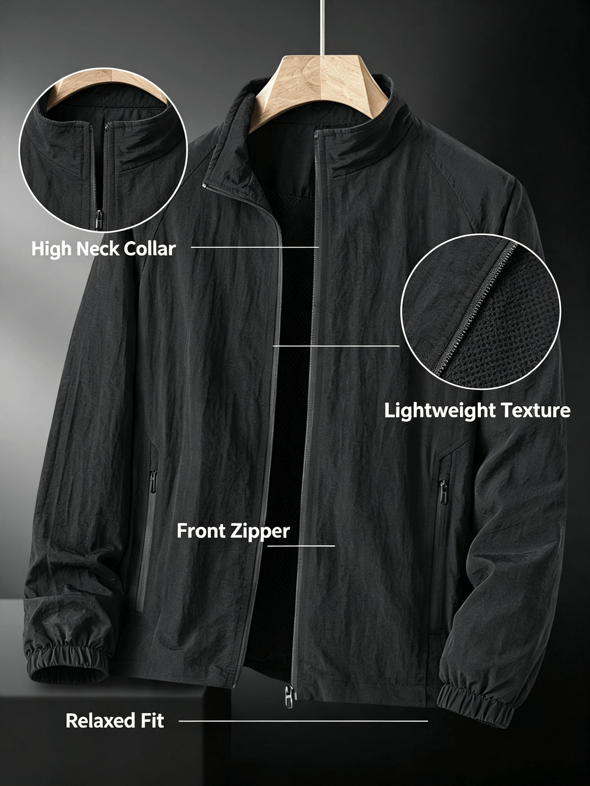 Men'S Lightweight Stand Collar Windbreaker Zip-Up Casual Jacket with Elastic Cuff, Outdoor Sports Coat - Black